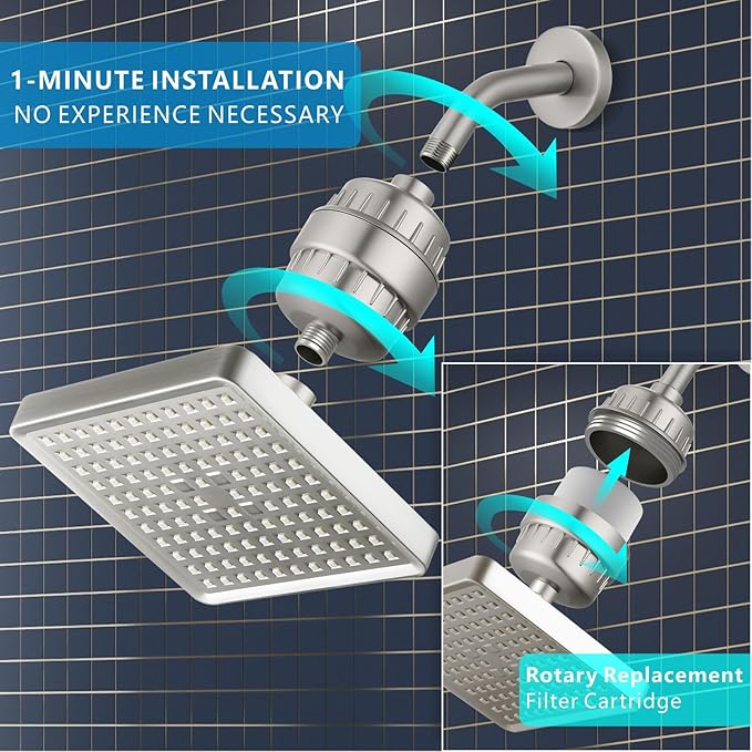Voolan Filtered Shower Head - 20 Stage Luxury Rain Shower Filter For Hard Water for Remove Chlorine and Harmful Substances - 6" Square High Pressure Rainfall Showerhead (Brushed Nickel)
