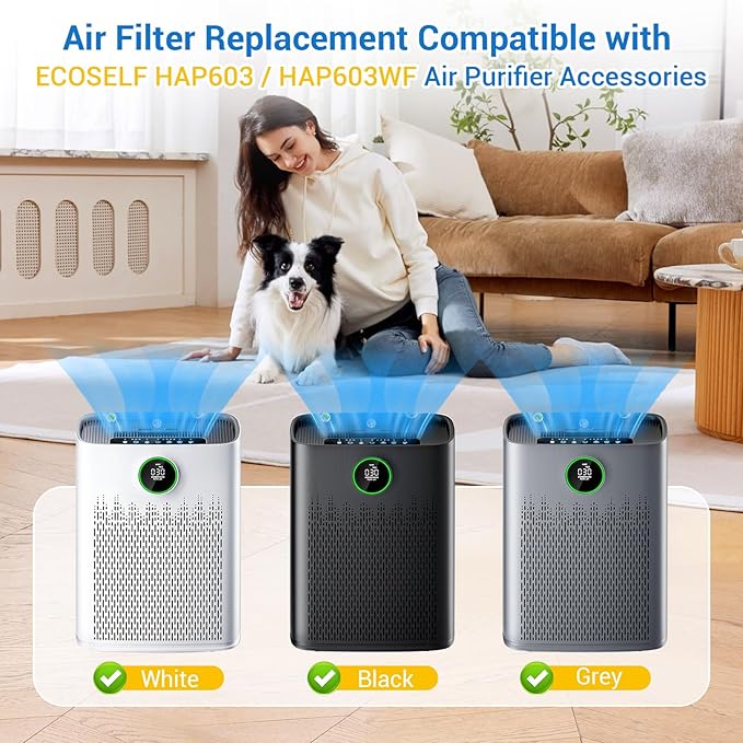 HAP603 Air Purifier Filter Compatible with ECOSELF HAP603/HAP603WF Air Purifier 3 Layers Hepa Air Filter Replacement with Activated Carbon for Home/Kitchen/Office # Compare to Part RFHAP603