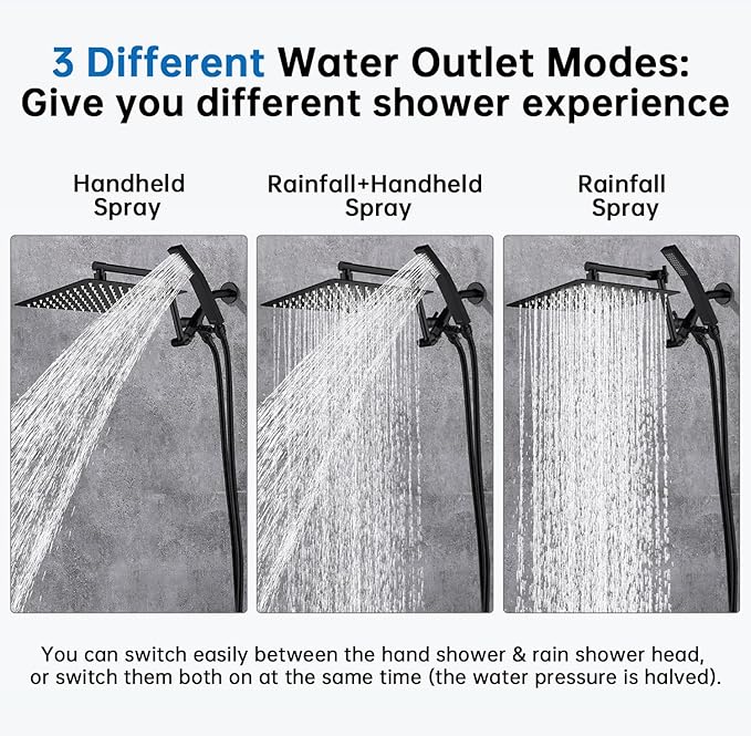 G-Promise All Metal 10 Inches Rainfall Shower Head with Handheld Spray Combo, 3 Settings Diverter, Adjustable Extension Arm with Lock Joints, 71 Inches Stainless Steel Hose (Matte Black)