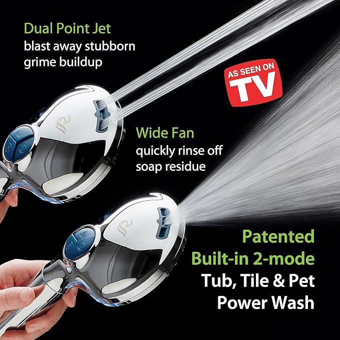 AquaCare High Pressure 10 Spray Mode Filtered Showerhead - Handheld Shower Head Filters Chlorine to Heal Dry Skin, Revive Hair - Dual Power Wash Cleans Tub, Tile, Pets - Hard Water Softener, Chrome