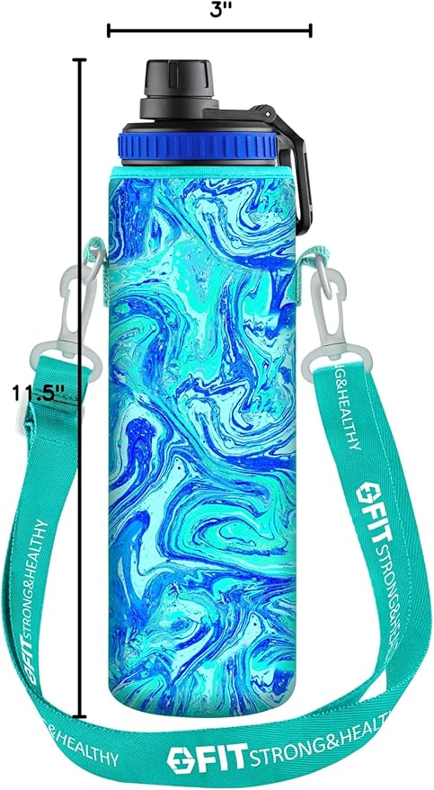 FIT Strong & Healthy 32 oz Glass Water Bottle with Straw Lid, Time Marker, Sleeve & Extra Lid - Motivational, Wide Mouth 1 Liter Glass Drinking Bottle