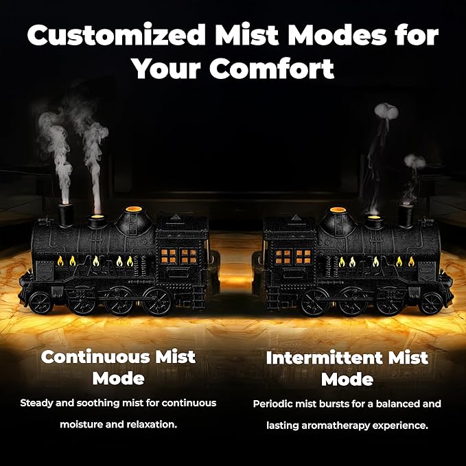 OMEO Black Small Train Aromatherapy Humidifier & Essential Oil Diffuser - Dual Mist, Quiet Ultrasonic, 300ML Tank, Remote Control, LED Light, Air Purifier for Home, Office, and Bedroom Use