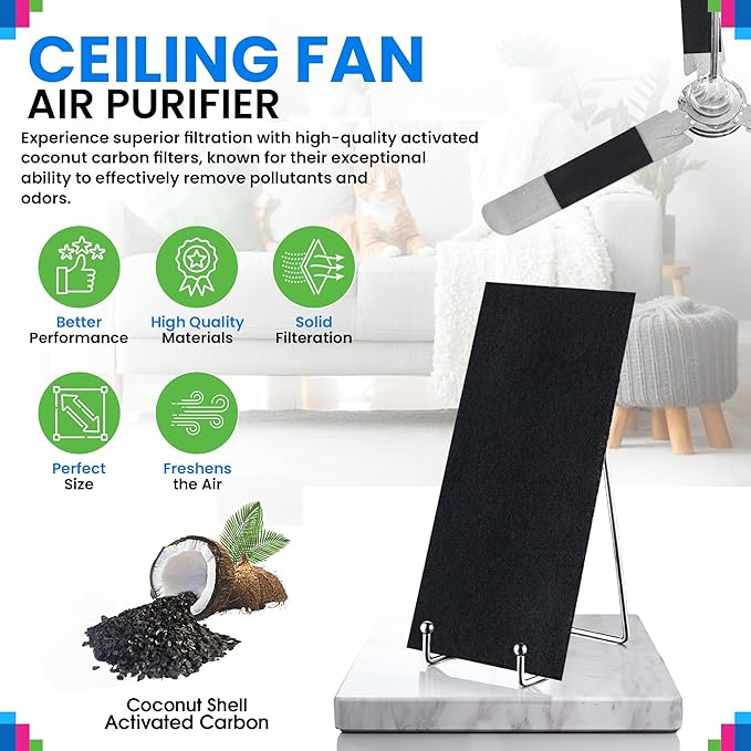 Ceiling Fan Filters for Blades - Coconut Shell Activated Carbon Unscented Dust Catcher Ceiling Fan Filter - Easy Peel & Stick on Fans - Blade Air Purifier Pads Absorbs Odor & Freshens the Air (10-Pcs)