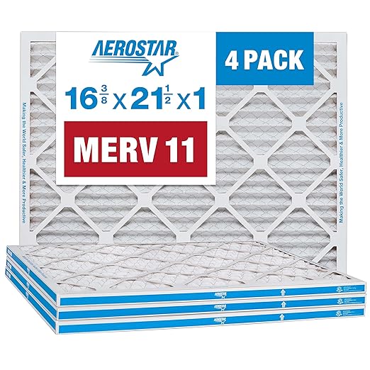 Aerostar 16.375x21.5x1 MERV 11 - 4 Count - Pleated HVAC, Furnace & Air Conditioner Filters - Removes Dust, Cold & Flu Germs, Lint, Mold, Pet Dander, Allergy-Causing Pollen, Smog & Smoke