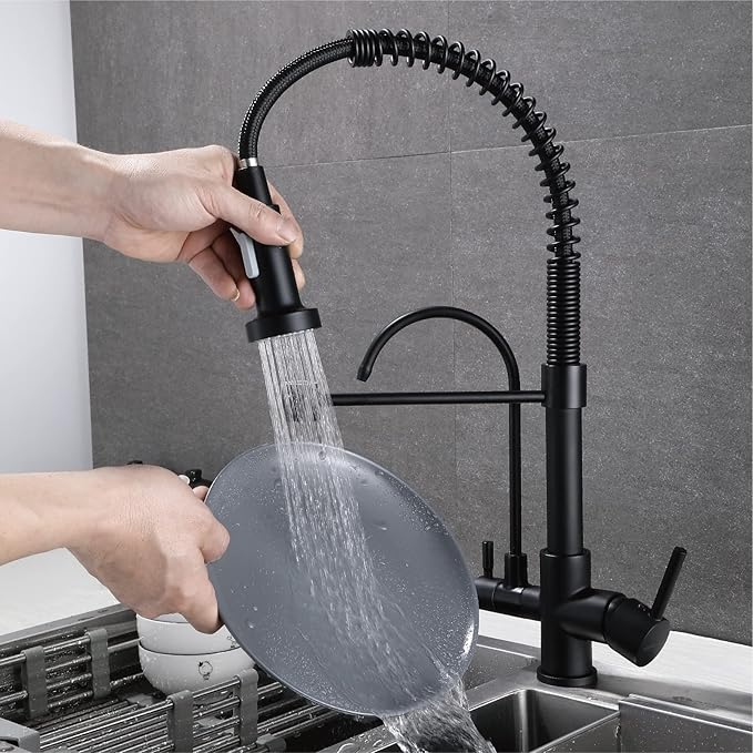 HUAHUALALA 3 in 1 Kitchen Sink Faucet 2 Handle with Spring Sprayer, Kitchen Faucet with Filter, Brass Drinking Water Faucets Reverse Osmosis Matte Black