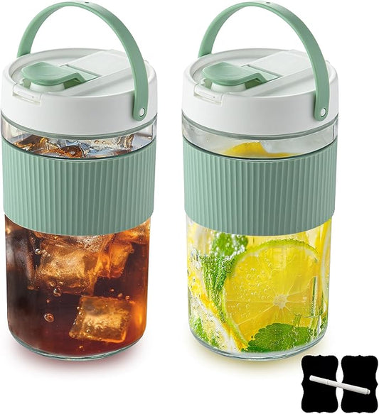 2-Pack Glass Mason Jar Water Pitcher with Lids, 54FL OZ (1600ML) - Large Wide Mouth, Pour Spout & Handle for Cold Brew Tea, Iced Coffee & Cold Drinks - Ideal for Refrigerators & Kitchens