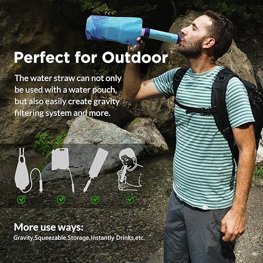 Membrane Solutions Squeezable Water Filtration System, Survival Water Purifier Kit, Portable Backpacking Gear Including Water Filter Straw and 23oz Collapsible Bottle for Hiking Camping Travel(1+2)