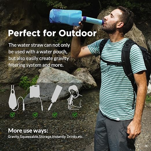 Membrane Solutions Squeezable Water Filtration System, Survival Water Purifier Kit, Portable Backpacking Gear Including Water Filter Straw and 23oz Collapsible Bottle for Hiking Camping Travel(1+6)