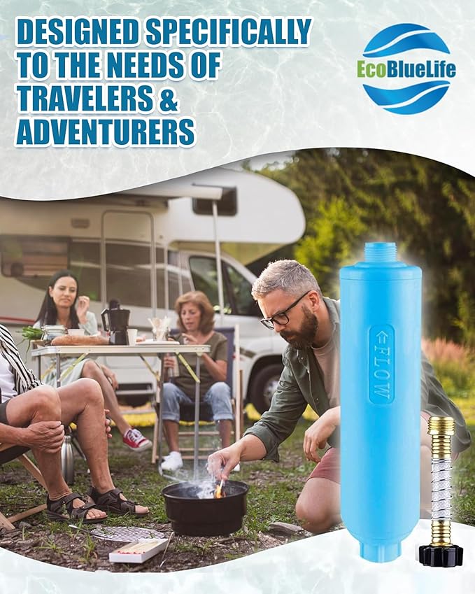 EcoBlueLife RV Water Filter - Inline Attachment with KDF & Activated Carbon, Reduces Odors, Chlorine-Taste, Sediments for Pure Drinking Waters, Perfect for Travel Trailers, Marine, Camper Water Filter