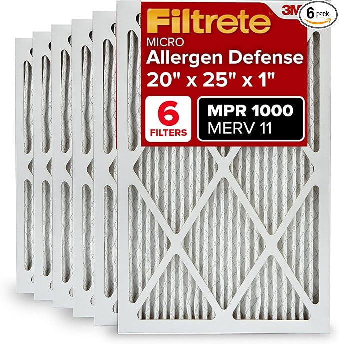 Filtrete 20x25x1 AC Furnace Air Filter, MERV 11, MPR 1000, Micro Allergen Defense, 3-Month Pleated 1-Inch Electrostatic Air Cleaning Filter, 6 Pack (Actual Size 19.69 x 24.69 x 0.81 in)