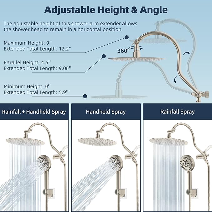 Hibbent All Metal Shower Head, 10'' High Pressure Rainfall Shower Head/Handheld Showerhead Combo/ 12'' Adjustable Curved Shower Extension Arm, 10-Spray, 71'' Adhesive Showerhead Holder, Brushed Nickel