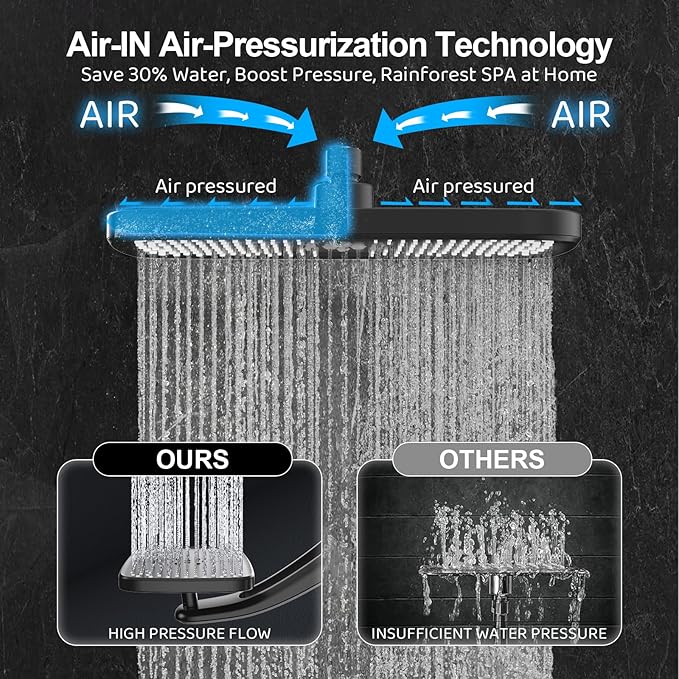 Rain Shower Head with Handheld High Pressure rainfall Shower Heads with Handheld Spray Combo Adjustable one-piece stand daul shower head Built-in Magnetic Docking and Power Jets