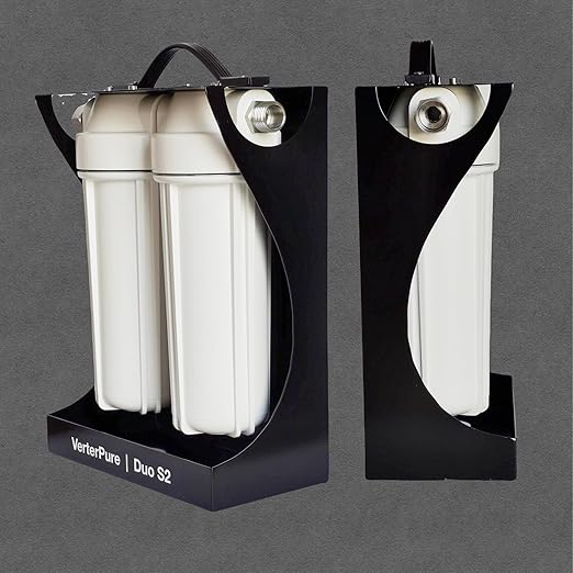 Duo S2 External 2-Stage RV Fresh Water Filter System, High Flow, NSF Housings, 3/4" GHT Stainless Steel Fittings, Reduce Sediment, Chlorine, Odor, Heavy Duty Free-Standing Chassis, White