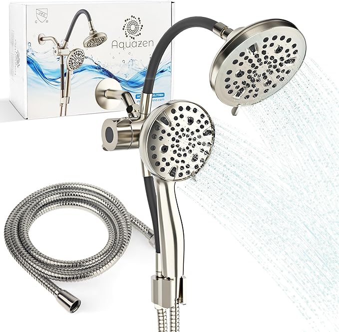 AQUAZEN® Dual Shower Head Combo | Adjustable Rainfall + Handheld Shower | 6 Spray Modes Each | Flexible Mount & Swivel Heads | 5ft Stainless Steel Hose | Premium Nickel Finish | Fits All US Showers