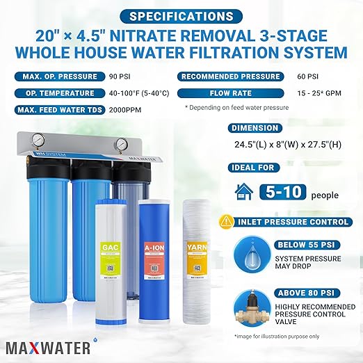 Max Water 3 Stage Nitrate Removal 3 Stage 20"X 4.5" Whole House Water Filter System - Wound Sediment + Anion Resin Nitrate Reduction + GAC - 1" Inlet/Outlet