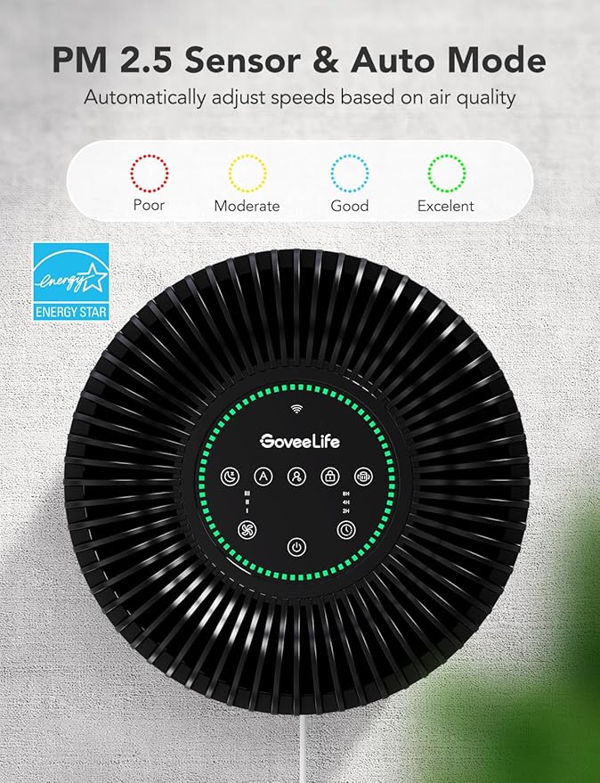 GoveeLife Smart Air Purifier for Home Large Room Up to 1524 sq.ft, with Washable Filter, Integrated PM 2.5 Air Quality Sensor, Smart WiFi, H13 True HEPA Air Purifier for Wildfire, Odors, 24dB, Black