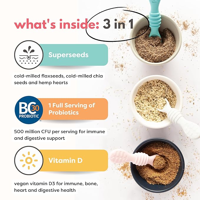 Superseed Variety Pack with Vitamin D + PROBIOTICS, Omega-3s Prebiotic Fiber Protein, Seeds for 6M+ Babies Toddlers & Kids for Immune & Digestive Support (7oz x 4 Pack - Flax, Chia, Hemp, Blend)