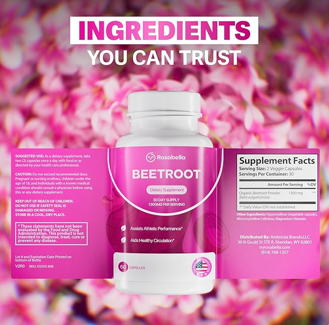 Rosabella Organic Beet Root Capsules - 1300mg Beet Root Powder Aids Healthy Circulation & Vitality, Non-GMO, Beet Root Supplement - 180 Capsules, 90-Day Supply
