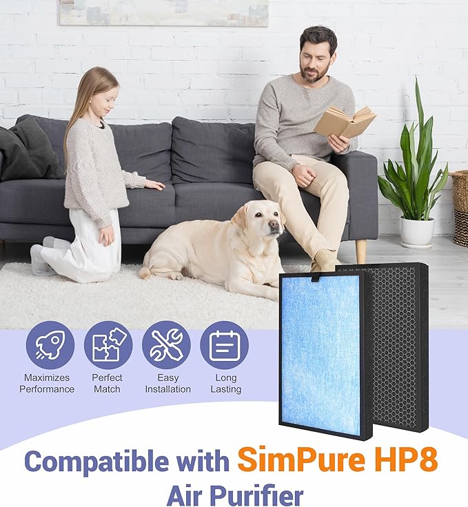 HP8 Replacement Filter Compatible with SimPure HP8 Air Purifier, Part # SP-HP8-RF, H13 HEPA Filter and Activated Carbon Filters, 2-Pack