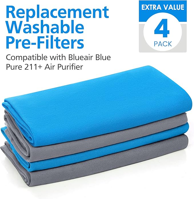 4 Pack 211+ Replacement Washable Pre-Filters for Blueair Blue Pure 211+ air Purifier, Removes Pollen, Dust, Color Include 2 PACK Lunar Rock and 2 PACK Diva Blue Pre-filters