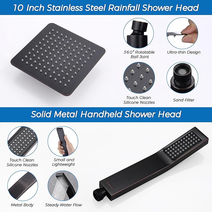 G-Promise All Metal 10 Inches Rainfall Shower Head with Handheld Spray Combo, 3 Settings Diverter, Adjustable Extension Arm with Lock Joints, 71 Inches Stainless Steel Hose (Oil Rubbed Bronze)