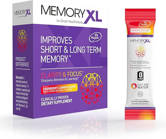 MemoryXL, Magnesium L-Threonate: Brain Supplement for Memory & Focus; Magtein®, Phosphatidylserine, Vitamin Mix. Improves Memory Focus Attention Learning & Logic. 0 Sugar, 0 Cal, 30pk Cranberry Lemon
