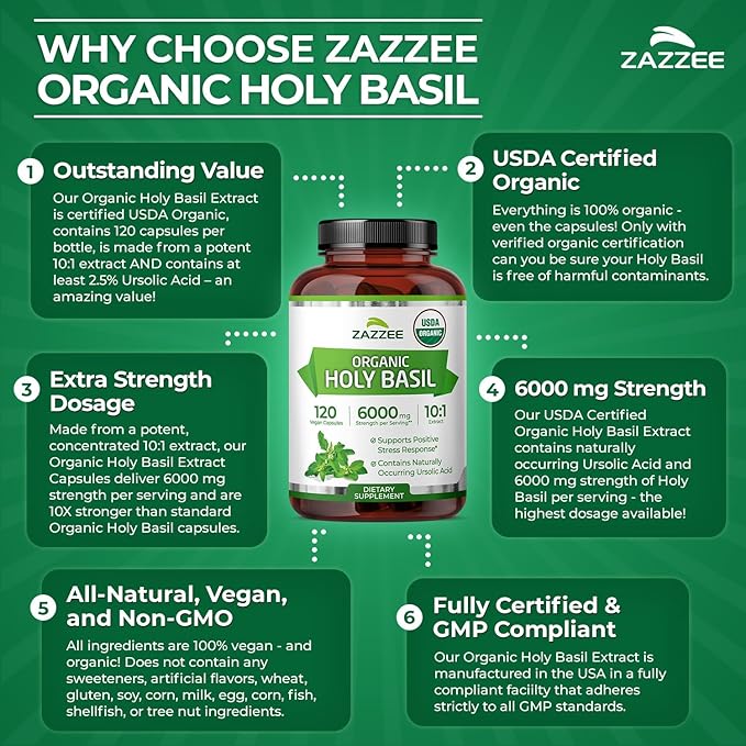 Zazzee USDA Organic Holy Basil 10:1 Extract, 6000 mg Strength, 120 Vegan Capsules, Concentrated and Standardized 10X Tulsi Extract, Ursolic Acid, 100% Certified Organic, Non-GMO