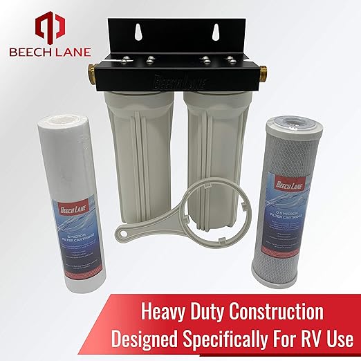 Beech Lane External RV Dual Water Filter System, Leak-Free Brass Fittings, Mounting Bracket and Two Filters Included, Sturdy Construction is Built to Last