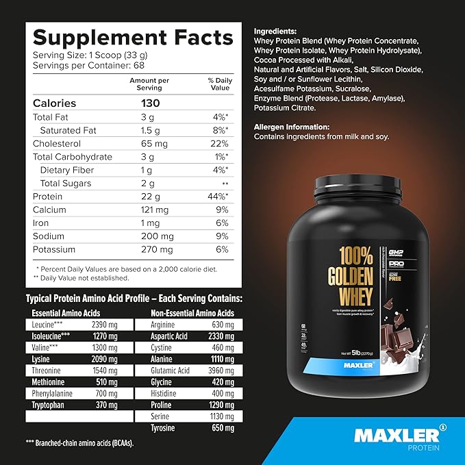 Maxler 100% Golden Whey - 22g of Protein per Serving - High Protein, Low Fat, Low Carb, Complete Amino Acid Profile - Rich Chocolate Protein 5 lb