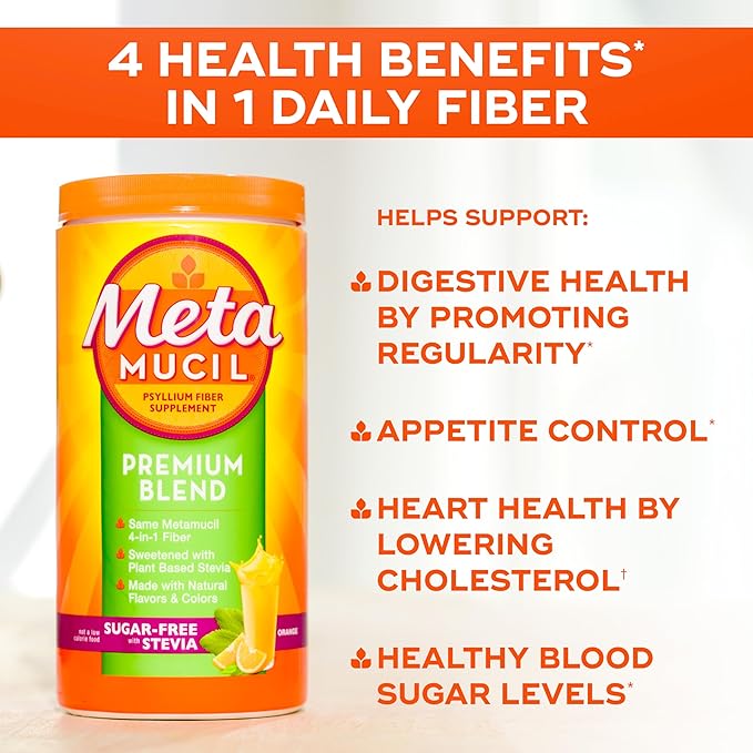Metamucil Premium Blend, 4-in-1 Fiber Supplement for Digestive Health, Psyllium Husk Powder, Sugar-Free with Stevia, Plant-Based Fiber Supplement, Orange Flavored, 180 teaspoons