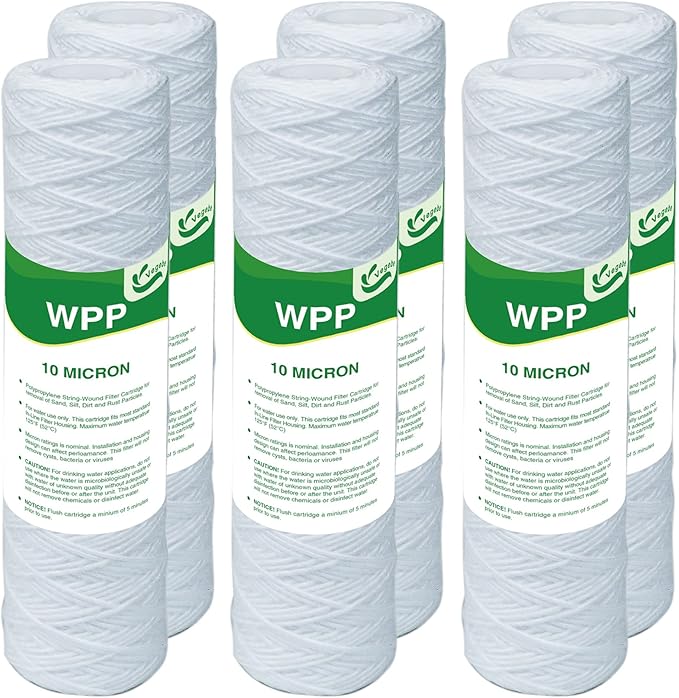 10 Micron String Wound Whole House Water Filter 10" x 2.5", 10-inch Universal Sediment Pre-Filters for Well Water, Replacement Cartridge for FXWSC, CW-F, CW-MF, 1SS, W5W, AO-WH-PRE-R2, 6-Pack