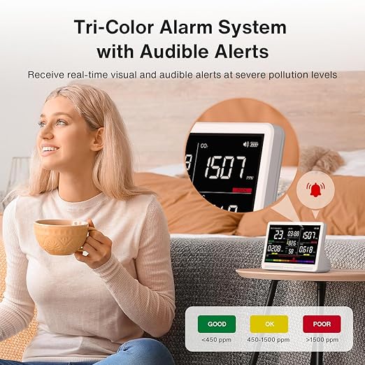 16 in 1 Air Quality Monitor Indoor 7" Display 9 AQI+7 AQI Alerts Air Quality Meter for CO2, TVOC, PM2.5 PM1.0 PM10, HCHO, Temperature Humidity AQI & Time, Air Detector Air Quality Tester for Home
