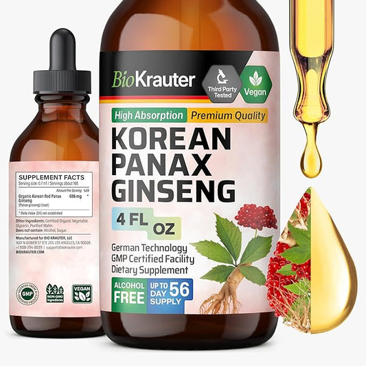 BIO KRAUTER Korean Red Ginseng Extract Liquid - Alcohol & Sugar Free Panax Ginseng Supplement - Vegan Immune Support Supplement - 4 Fl. Oz.