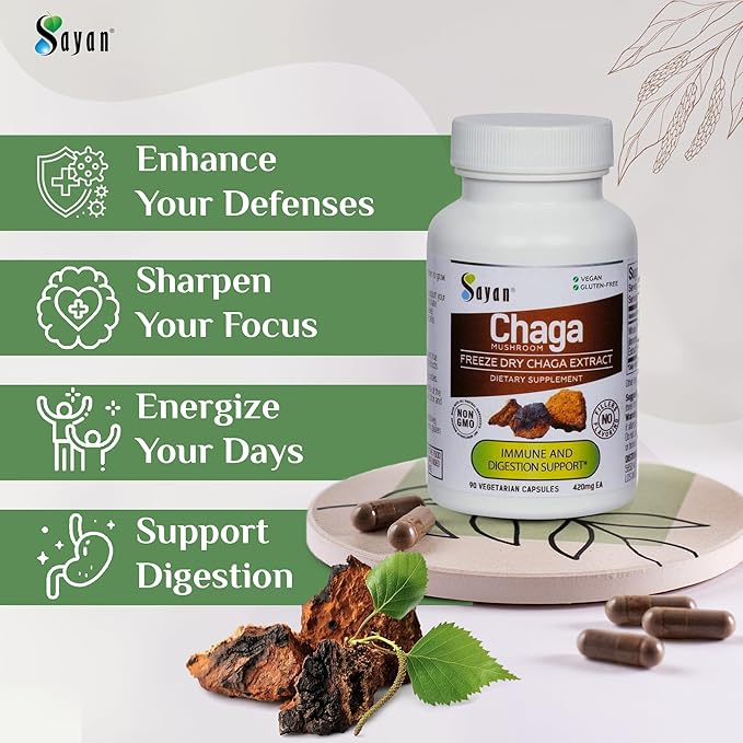 Sayan Siberian Chaga Mushroom Extract – 90 Capsules/420mg ea – Natural & Wild-Harvest Antioxidant Supplement – Immune System Support & Regulate Body Functions – Vegan, Non-GMO, No Fillers or Additives