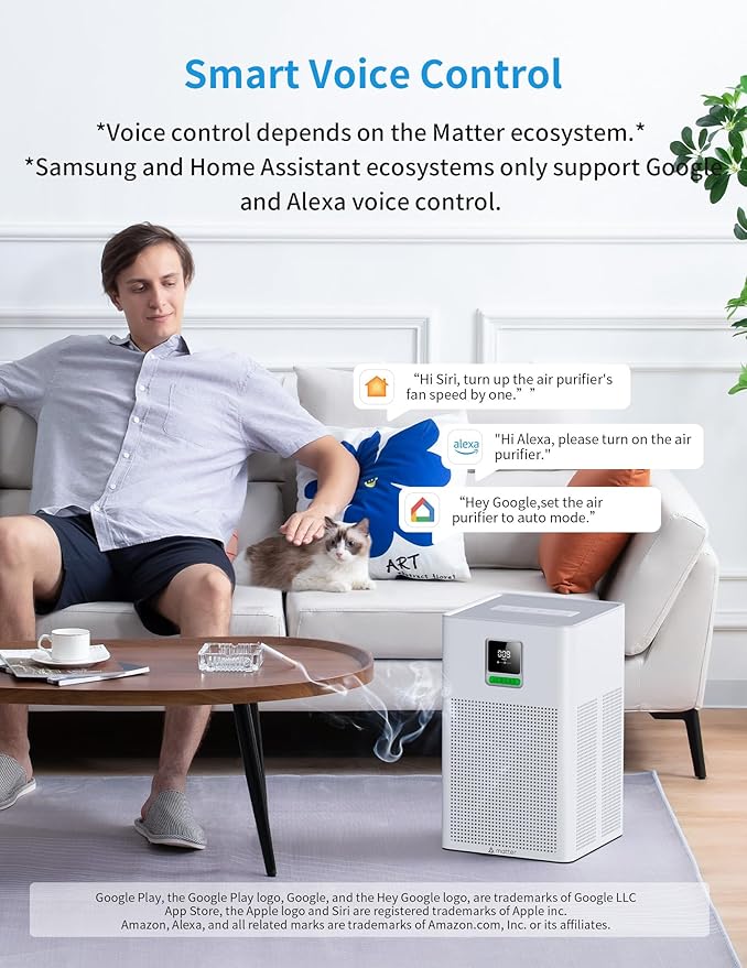 Smart Air Purifier Matter Compatible with Alexa Google Apple, Air Purifier for Bedroom, 1937 ft²/hr Corverage, Washable Pre-Filter, Aroma Essential Oil Drawer, PM2.5 Sensor, Quiet Eco Mode
