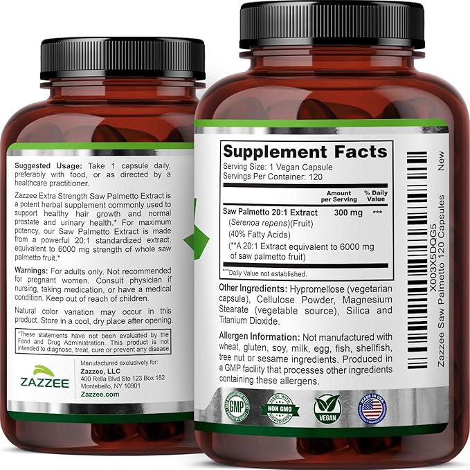 Zazzee Extra Strength Saw Palmetto 20:1 Extract, 6000 mg Strength, 40% Fatty Acids, 120 Vegan Capsules, 4 Month Supply, Concentrated and Standardized 20X Extract, Non-GMO, All-Natural, Made in the USA