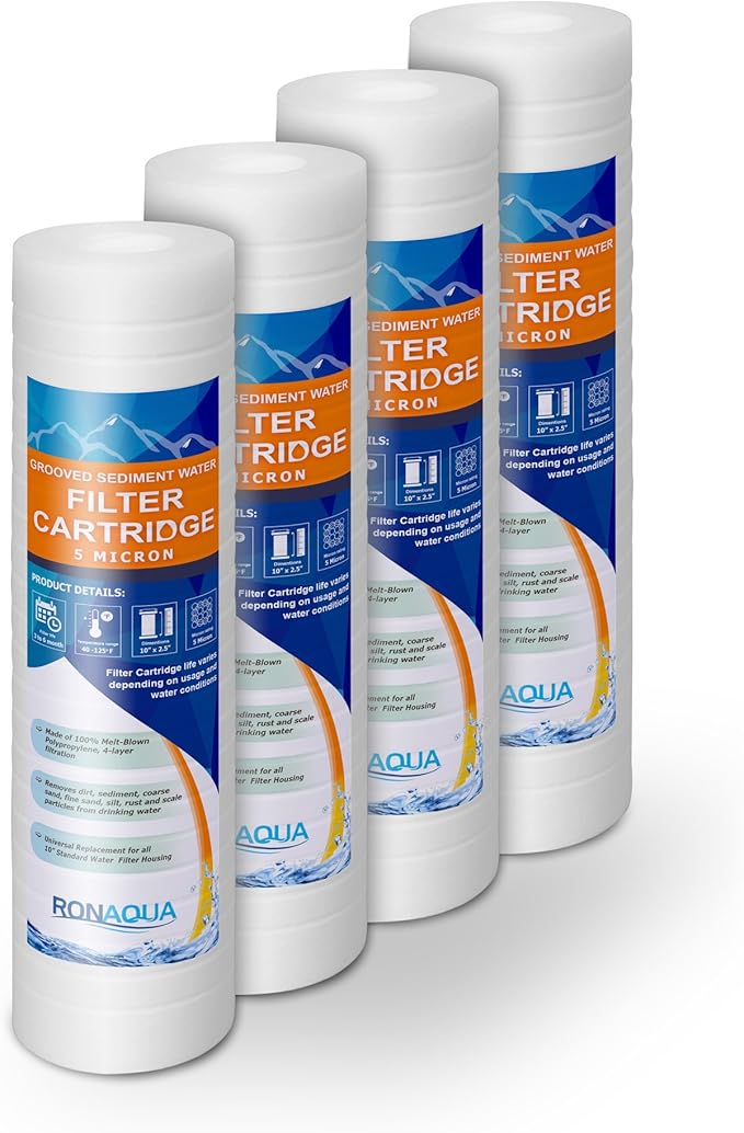 Grooved Sediment Water Filter Cartridge by Ronaqua 10"x 2.5", Four Layers of Filtration, Removes Sand, Dirt, Silt, Rust, made from Polypropylene (4 Pack, 5 Micron)
