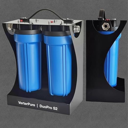 DuoPro S2 External 2-Stage RV Fresh Water Filter System, High Flow, NSF Housings, 3/4" GHT Stainless Steel Fittings, Reduce Sediment, Chlorine, Odor, Heavy Duty Free-Standing Chassis, Blue