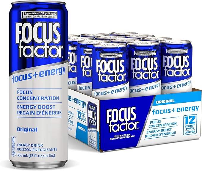 Focus Factor Energy Drink - 12 x 355ml Cans (Original Flavour) - with Focus + Energy - Lightly Carbonated, Sugar Free, Low Calorie with Vitamin B6 & Vitamin B12