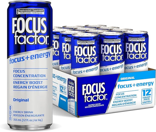 Focus Factor Energy Drink - 12 x 355ml Cans (Original Flavour) - with Focus + Energy - Lightly Carbonated, Sugar Free, Low Calorie with Vitamin B6 & Vitamin B12