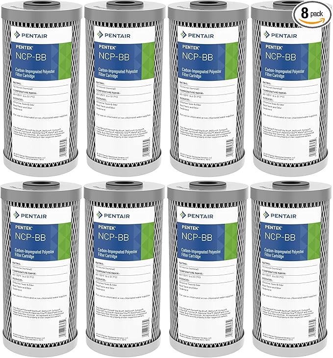 Pentair Pentek NCP-BB Big Blue Carbon Water Filter, 10-Inch, Whole House Non-Cellulose Carbon Impregnated Pleated Filter Cartridge, 10" x 4.5", Pack of 8, Gray