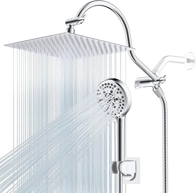 Hibbent 12'' All Metal Shower Head, High Pressure Rainfall Shower Head, Handheld Showerhead Combo, 12'' Adjustable Curved Shower Extension Arm, 10-Spray, 71'' Hose, Adhesive Showerhead Holder, Chrome
