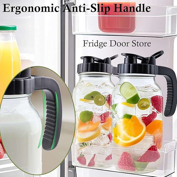 Glass Mason Jar Pitcher With Lid 2 Quart Sun Tea Glass Pitcher 64 Oz Wide Mouth Half Gallon Hot Cold Water Coffee Jug Carafe For Fridge Lemonade, Beverage,Milk,Juice, Cold Brew Tea Container