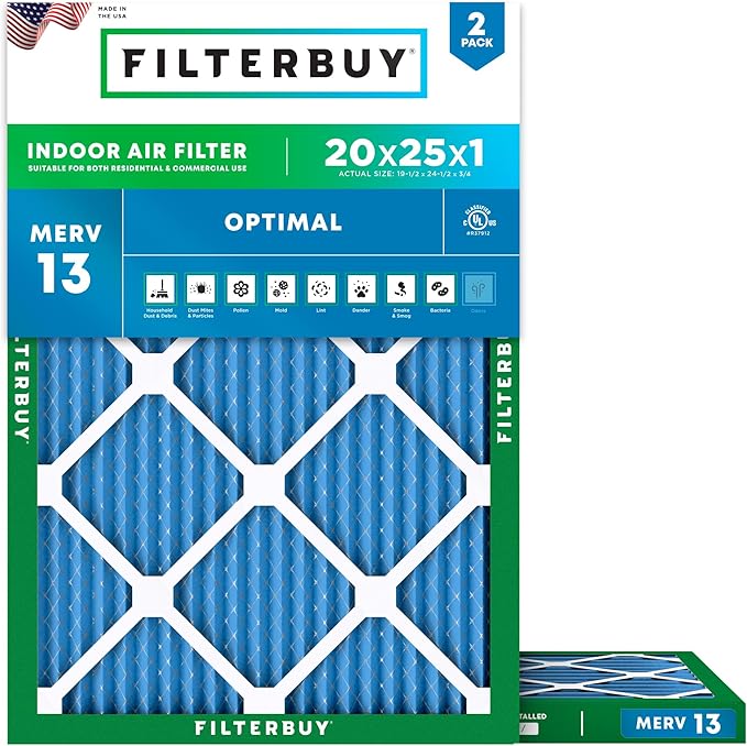 Filterbuy 20x25x1 Air Filter MERV 13 (MPR 1900) Health Defense Replacement (2-Pack), Electrostatic Pleated HVAC AC Furnace Filters, Made in USA (Actual Size: 19.50 x 24.50 x 0.75)