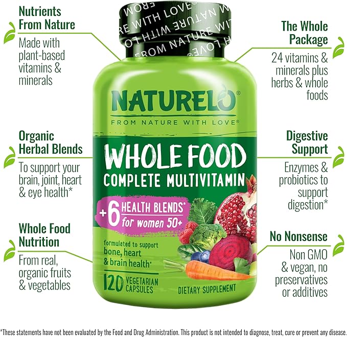 NATURELO Whole Food Multivitamin for Women 50+ (Iron Free) with Vitamins, Minerals, & Organic Extracts - Supplement for Post Menopausal Women Over 50 - No GMO - 120 Vegan Capsules