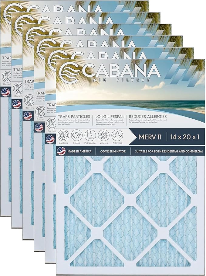Cabana Filters 14x20x1 AC Furnace Air Filter, Merv 11 Capture Unwanted Particles, Pleated Furnace Filter HVAC AC Filters - Made in the USA - 6 Pack