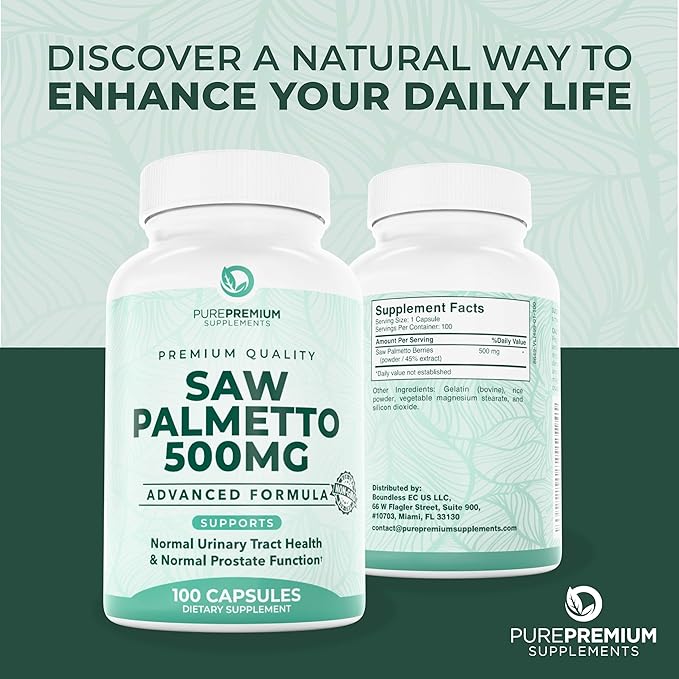 PurePremium Saw Palmetto 500 mg for Men/Women – Maximum Strength Saw Palmetto Extract | Powder Capsules Supplement - Support Normal Urinary Tract, Prostate Health/Hair - 3 Months Supply - 100 Tablets