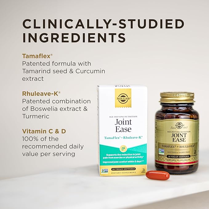 Solgar Joint Ease Supplement for Joint Health and Flexibility, Boswellia and Turmeric Extracts, Vitamins D and C, Vegan, Age-Defying Nutrition for Men and Women, Gluten-Free, 30 Servings