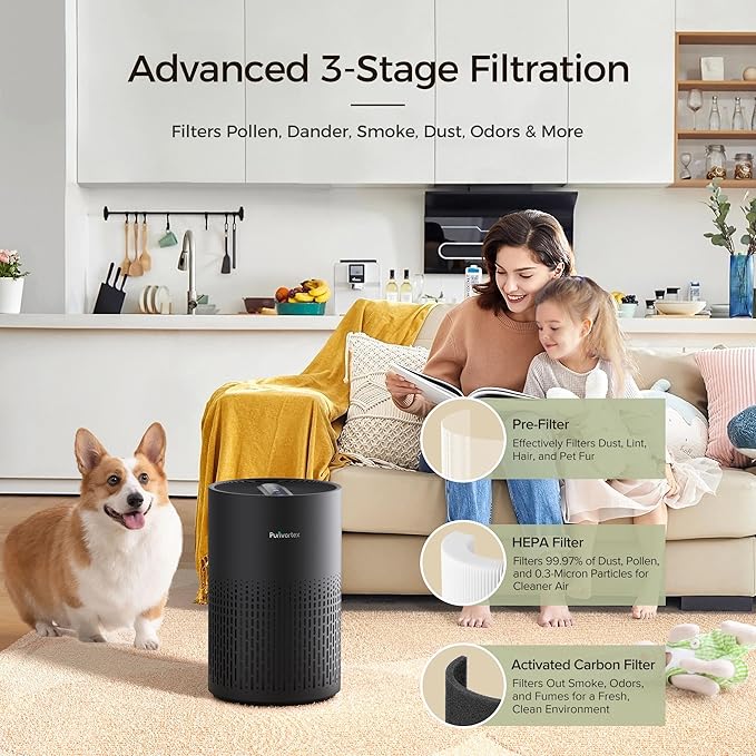 Purivortex Air Purifiers for Bedroom, Quiet Air Purifier with HEPA Filter for Pollen, Smoke, Dust, Pet Dander, Odor, Hair, Ozone Free, Covers Up to 880 Sq Ft, AC400 Black