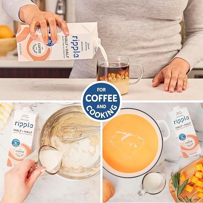 Ripple 32 oz Plant Based Milk 8g of Quality Sourced Pea Protein, Calcium Rich | Shelf Stable | Vegan & Non GMO Certified | Dairy, Soy, Nut, Gluten, & Lactose Free (Pack of 6) (32 Fl Oz (Pack of 6), Half & Half)